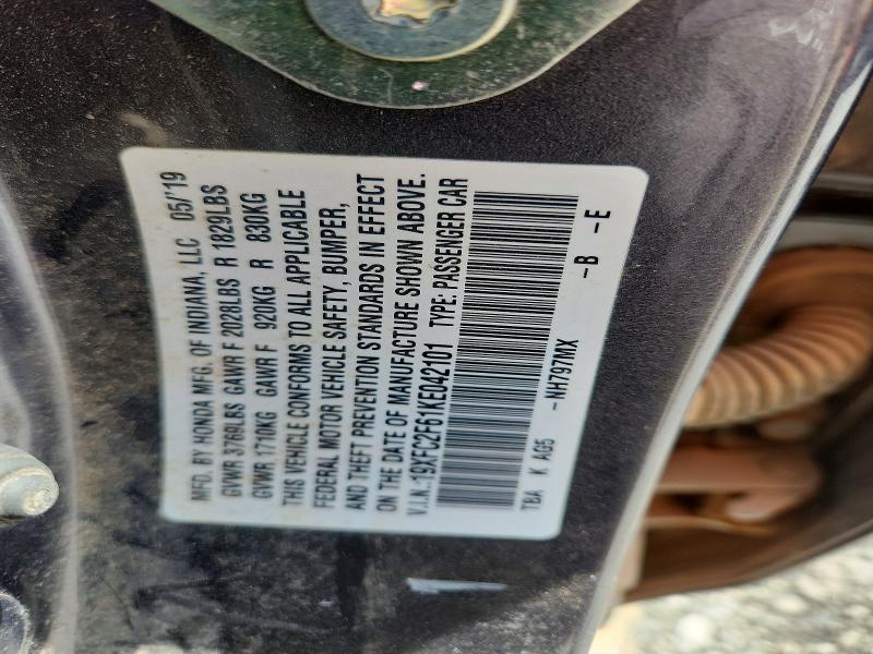2019 Honda Civic მანქანა იყიდება აუქციონზე, vin: 19XFC2F61KE042101, აუქციონის ნომერი: 51664866