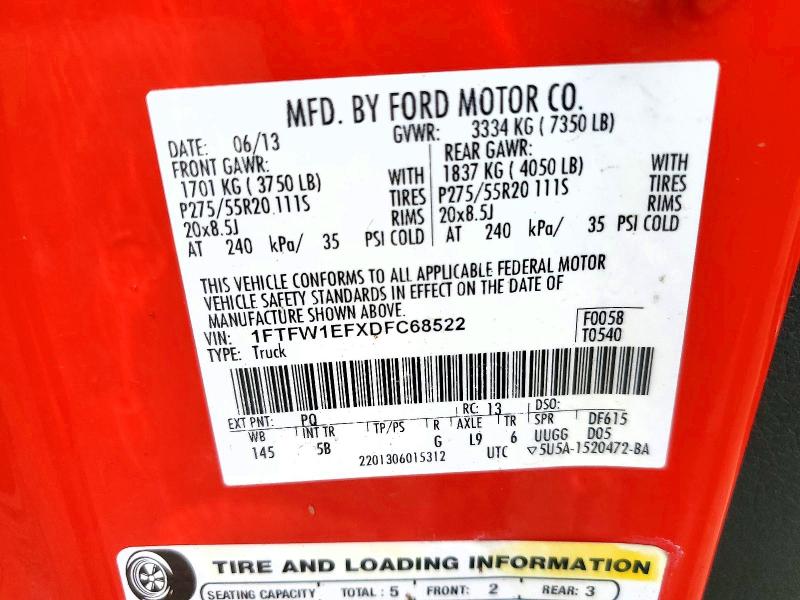 2013 Ford F150 მანქანა იყიდება აუქციონზე, vin: 1FTFW1EFXDFC68522, აუქციონის ნომერი: 51725626