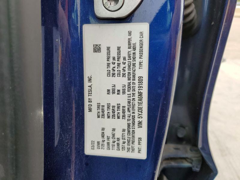 53988526 :رقم المزاد ، 5YJ3E1EA6NF191809 vin ، 2022 Tesla Model 3 مزاد بيع