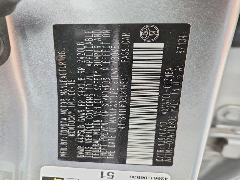 Aukcja sprzedaży 2019 Toyota Camry, vin: 4T1B11HK3KU814541, numer aukcji: 52170146