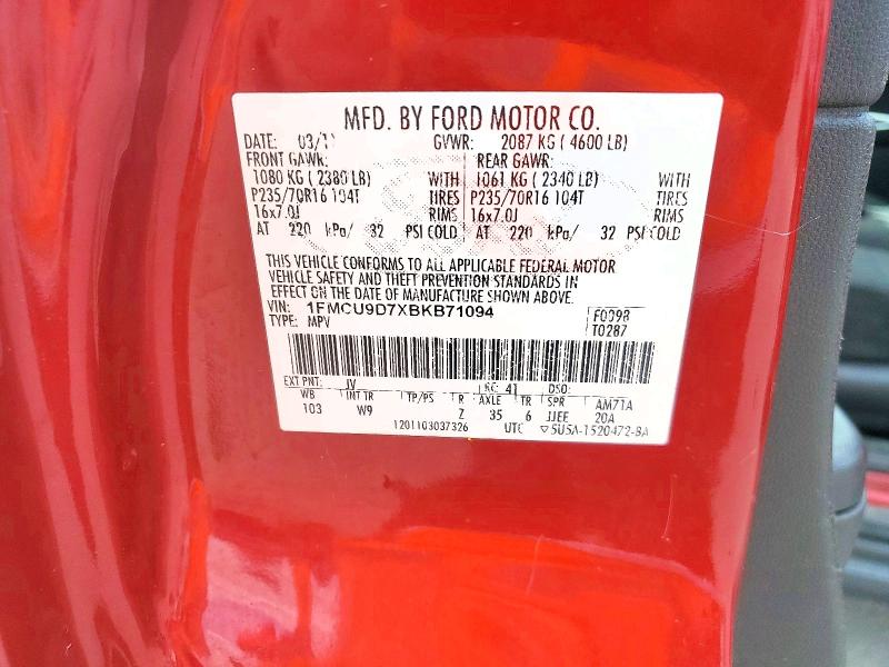 2011 Ford Escape მანქანა იყიდება აუქციონზე, vin: 1FMCU9D7XBKB71094, აუქციონის ნომერი: 54651276