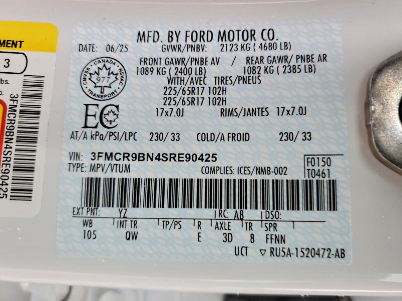 Aukcja sprzedaży 2025 Ford Bronco Sport, vin: 3FMCR9BN4SRE90425, numer aukcji: 52661016