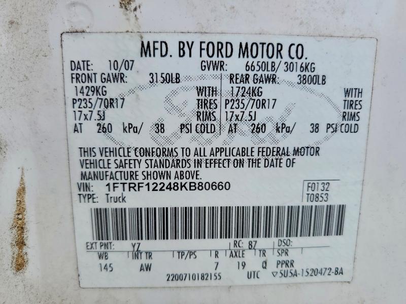 2008 Ford F150 მანქანა იყიდება აუქციონზე, vin: 1FTRF12248KB80660, აუქციონის ნომერი: 53097056