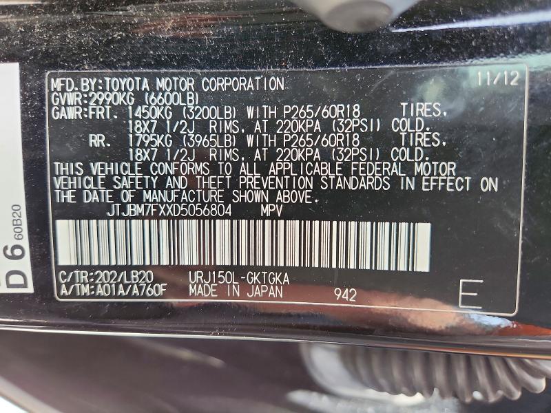 54711036 :رقم المزاد ، JTJBM7FXXD5056804 vin ، 2013 Lexus Gx مزاد بيع