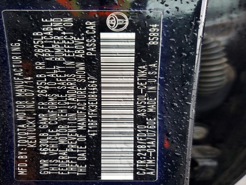 2014 Toyota Camry მანქანა იყიდება აუქციონზე, vin: 4T1BF1FK3EU844647, აუქციონის ნომერი: 54875296