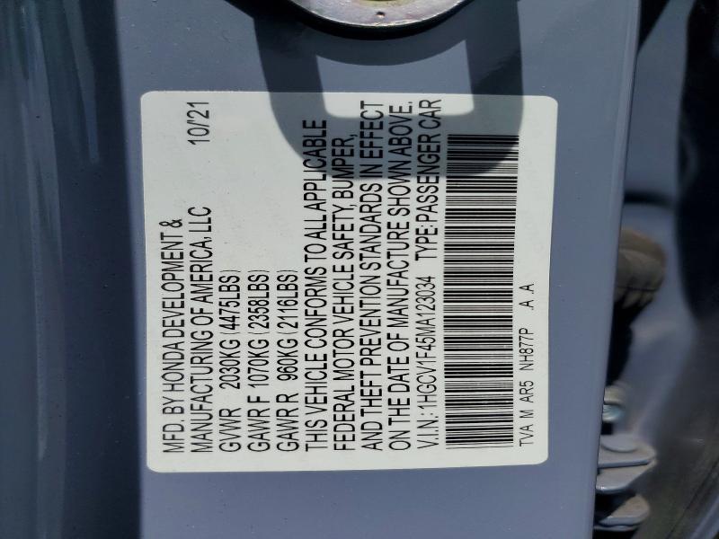 Aukcja sprzedaży 2021 Honda Accord, vin: 1HGCV1F45MA123034, numer aukcji: 55053316