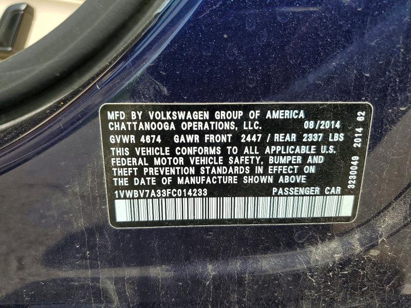 2015 Volkswagen Passat მანქანა იყიდება აუქციონზე, vin: 1VWBV7A33FC014233, აუქციონის ნომერი: 54205726