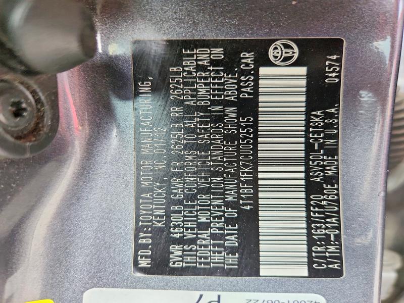 53791596 :رقم المزاد ، 4T1BF1FK7CU052515 vin ، 2012 Toyota Camry مزاد بيع