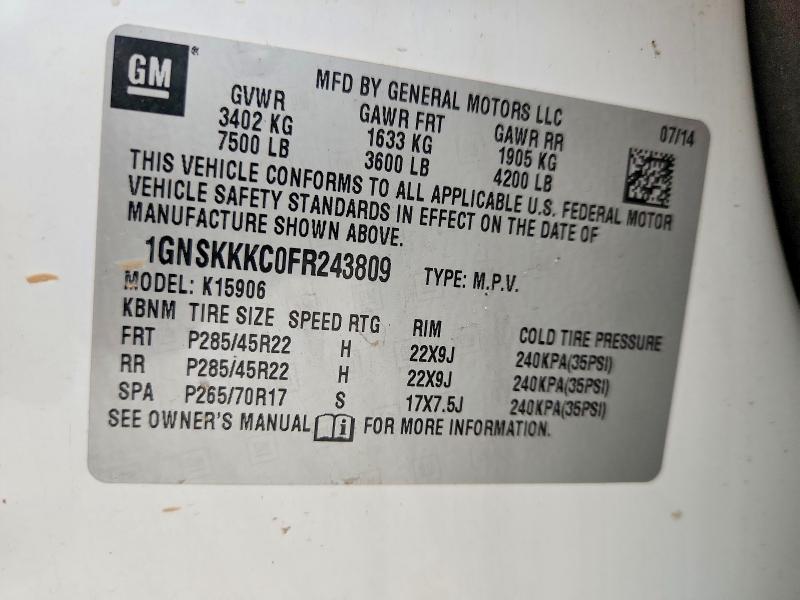 Auction sale of the 2015 Chevrolet Suburban, vin: 1GNSKKKC0FR243809, lot number: 53615356