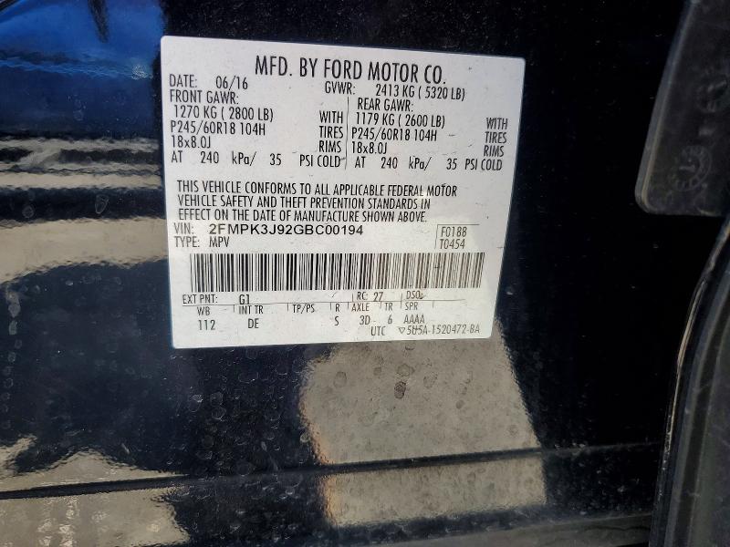 53835906 :رقم المزاد ، 2FMPK3J92GBC00194 vin ، 2016 Ford Edge مزاد بيع
