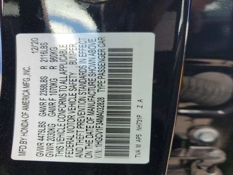 Aukcja sprzedaży 2021 Honda Accord, vin: 1HGCV1F34MA032828, numer aukcji: 55120726