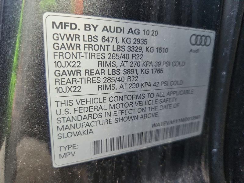 2021 Audi Q8 მანქანა იყიდება აუქციონზე, vin: WA1EVAF11MD013961, აუქციონის ნომერი: 54482626
