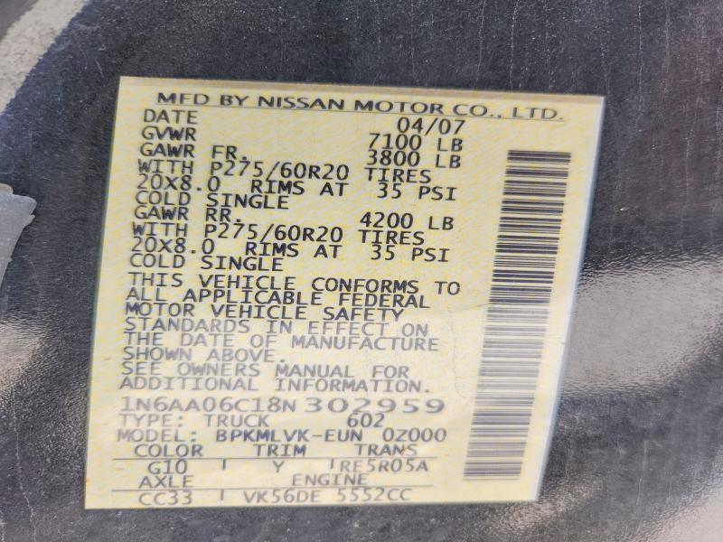 Aukcja sprzedaży 2008 Nissan Titan, vin: 1N6AA06C18N302959, numer aukcji: 53434406
