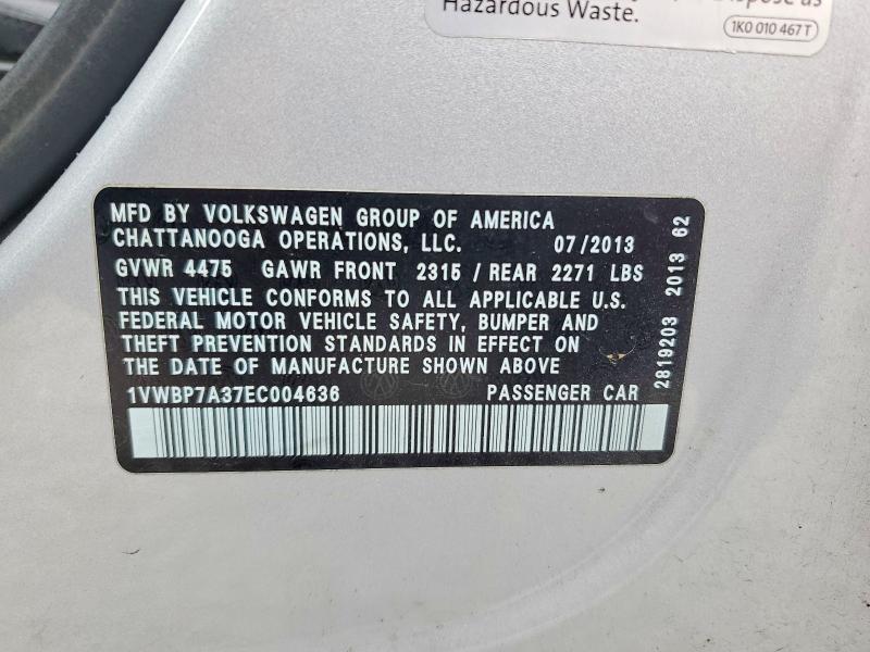 52307426 :رقم المزاد ، 1VWBP7A37EC004636 vin ، 2014 Volkswagen Passat مزاد بيع
