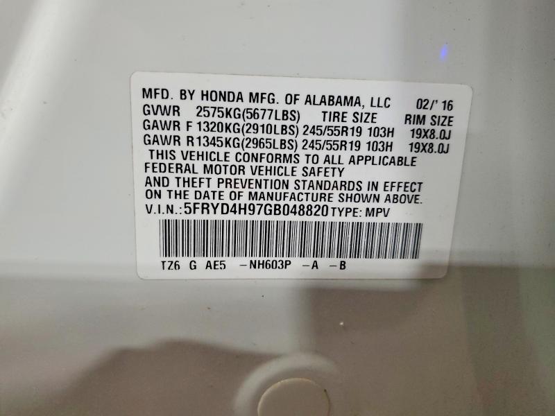 52148236 :رقم المزاد ، 5FRYD4H97GB048820 vin ، 2016 Acura Mdx مزاد بيع