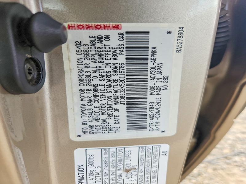 Aukcja sprzedaży 2002 Toyota Camry, vin: JTDBE32K520115786, numer aukcji: 55011756
