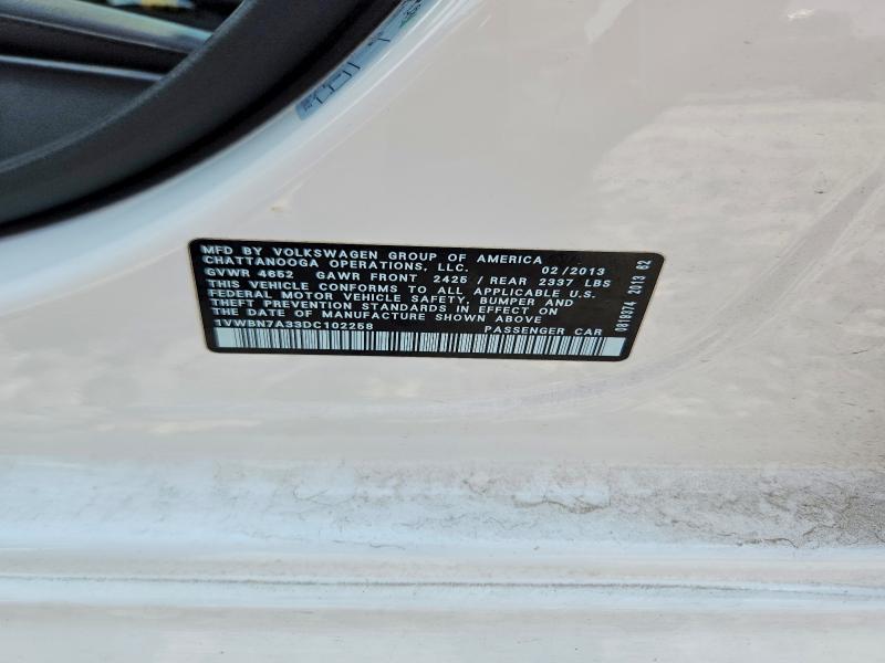 Продажа на аукционе авто 2013 Volkswagen Passat, vin: 1VWBN7A33DC102258, номер лота: 53701256