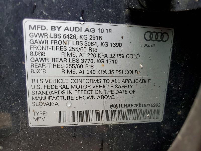 2019 Audi Q7 მანქანა იყიდება აუქციონზე, vin: WA1LHAF75KD016992, აუქციონის ნომერი: 52436606