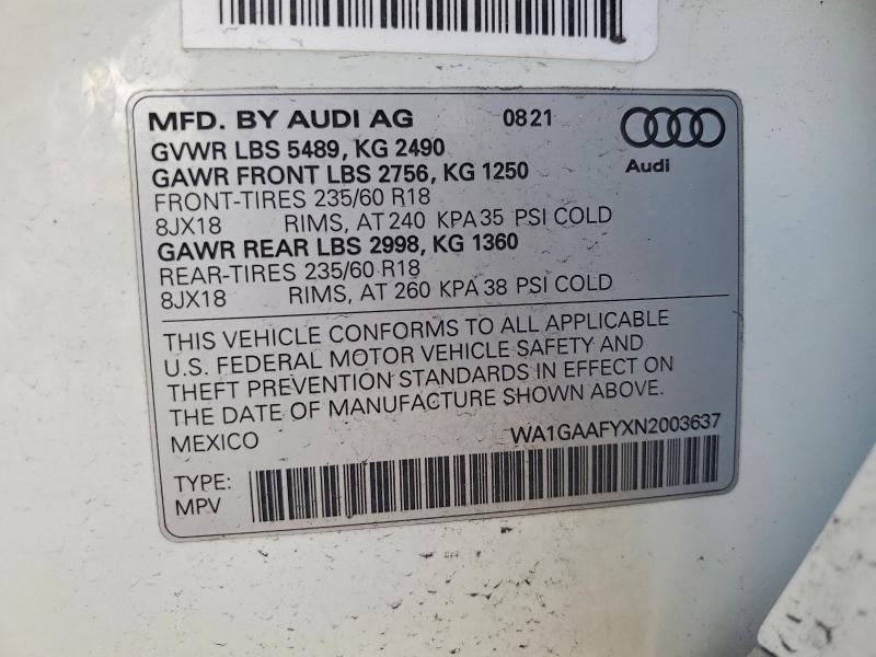 79789005 :رقم المزاد ، WA1GAAFYXN2003637 vin ، 2022 Audi Q5 مزاد بيع