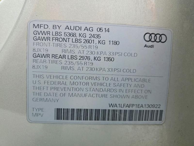 2014 Audi Q5 მანქანა იყიდება აუქციონზე, vin: WA1LFAFP1EA130922, აუქციონის ნომერი: 53911556