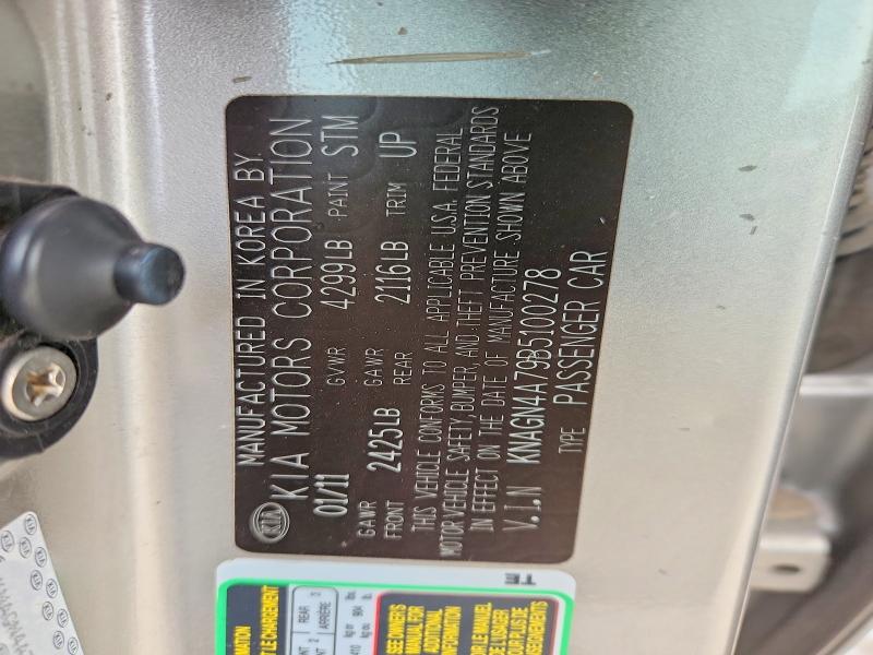52346996 :رقم المزاد ، KNAGN4A79B5100278 vin ، 2011 Kia Optima مزاد بيع