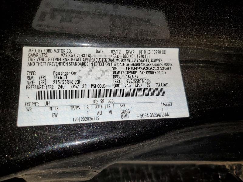54126016 :رقم المزاد ، 1FAHP3K20CL343091 vin ، 2012 Ford Focus مزاد بيع