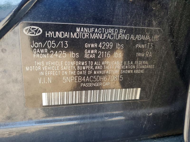 2013 Hyundai Sonata მანქანა იყიდება აუქციონზე, vin: 5NPEB4AC5DH670815, აუქციონის ნომერი: 54212596