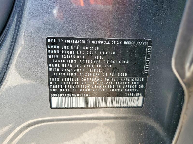 2022 Volkswagen Tiguan მანქანა იყიდება აუქციონზე, vin: 3VV3B7AX5NM055965, აუქციონის ნომერი: 54087606
