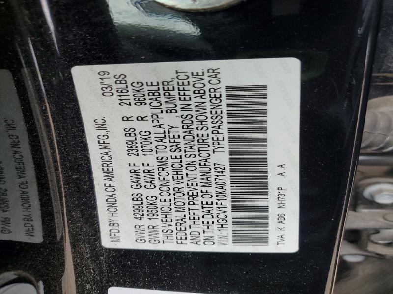 Aukcja sprzedaży 2019 Honda Accord, vin: 1HGCV1F10KA071427, numer aukcji: 53080766