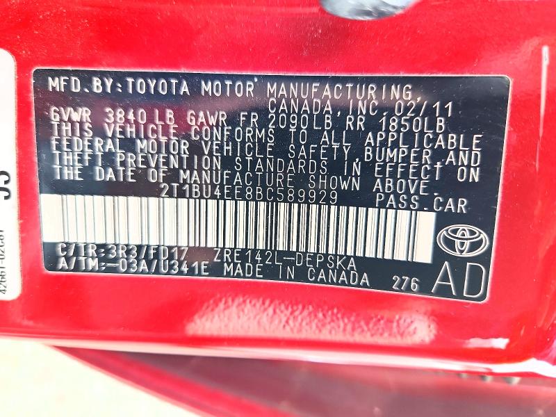 Продажа на аукционе авто 2011 Toyota Corolla, vin: 2T1BU4EE8BC589929, номер лота: 54684356