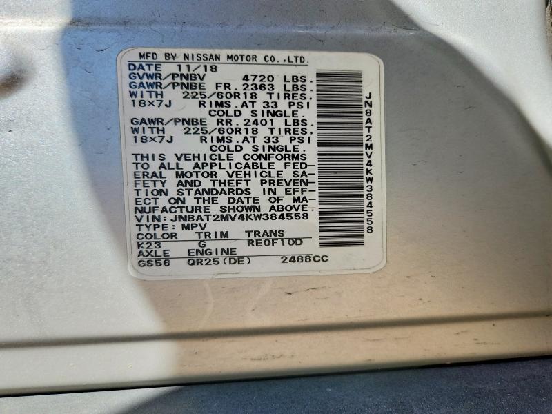 55127206 :رقم المزاد ، JN8AT2MV4KW384558 vin ، 2019 Nissan Rogue مزاد بيع