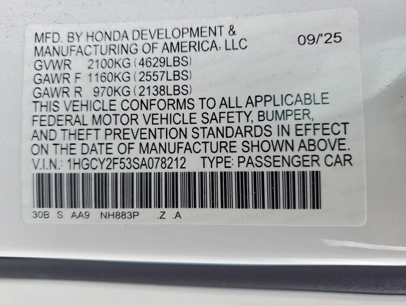 Aukcja sprzedaży 2025 Honda Accord, vin: 1HGCY2F53SA078212, numer aukcji: 51532626