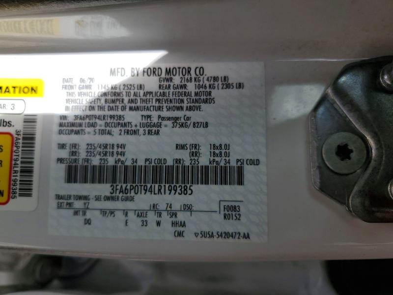 2020 Ford Fusion მანქანა იყიდება აუქციონზე, vin: 3FA6P0T94LR199385, აუქციონის ნომერი: 54885006