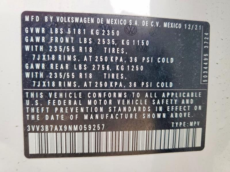 Продажа на аукционе авто 2022 Volkswagen Tiguan, vin: 3VV3B7AX9NM059257, номер лота: 53063216