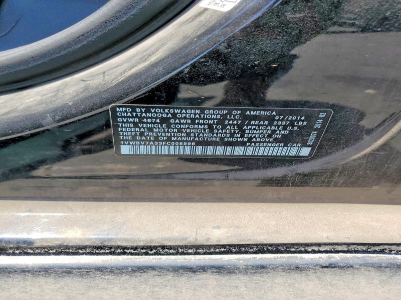 53131806 :رقم المزاد ، 1VWBV7A33FC008996 vin ، 2015 Volkswagen Passat مزاد بيع