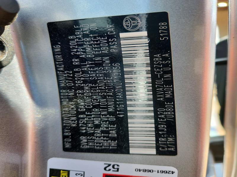 2022 Toyota Camry მანქანა იყიდება აუქციონზე, vin: 4T1G11AK0NU713056, აუქციონის ნომერი: 53193786