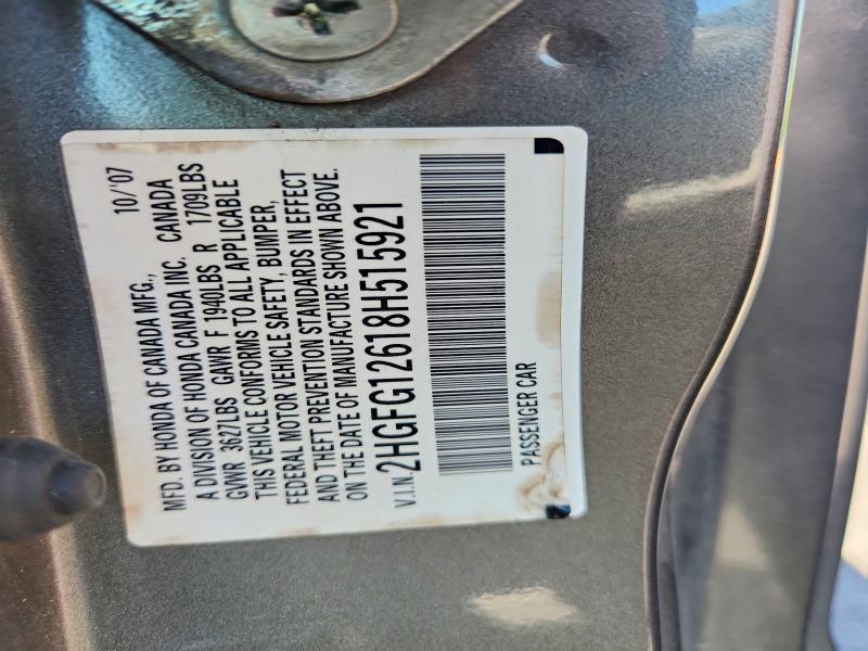 54822926 :رقم المزاد ، 2HGFG12618H515921 vin ، 2008 Honda Civic مزاد بيع