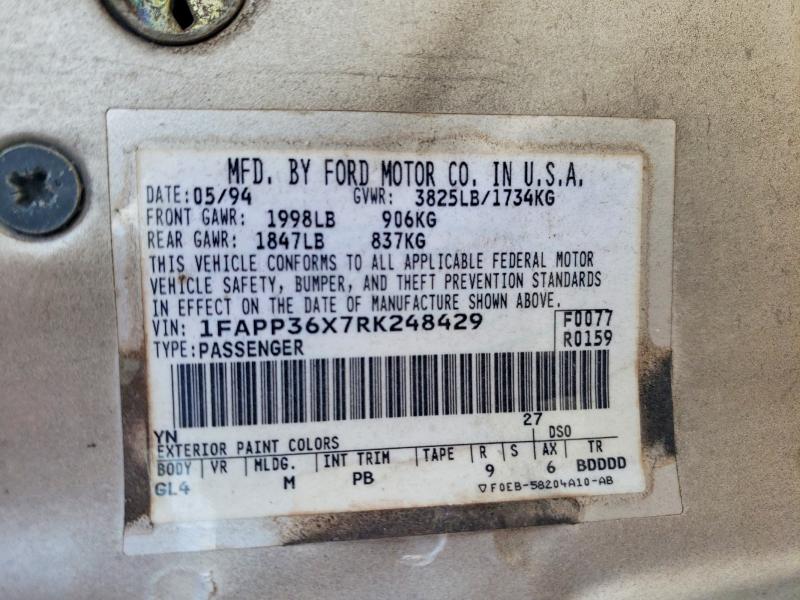 Aukcja sprzedaży 1994 Ford Tempo, vin: 1FAPP36X7RK248429, numer aukcji: 53432246