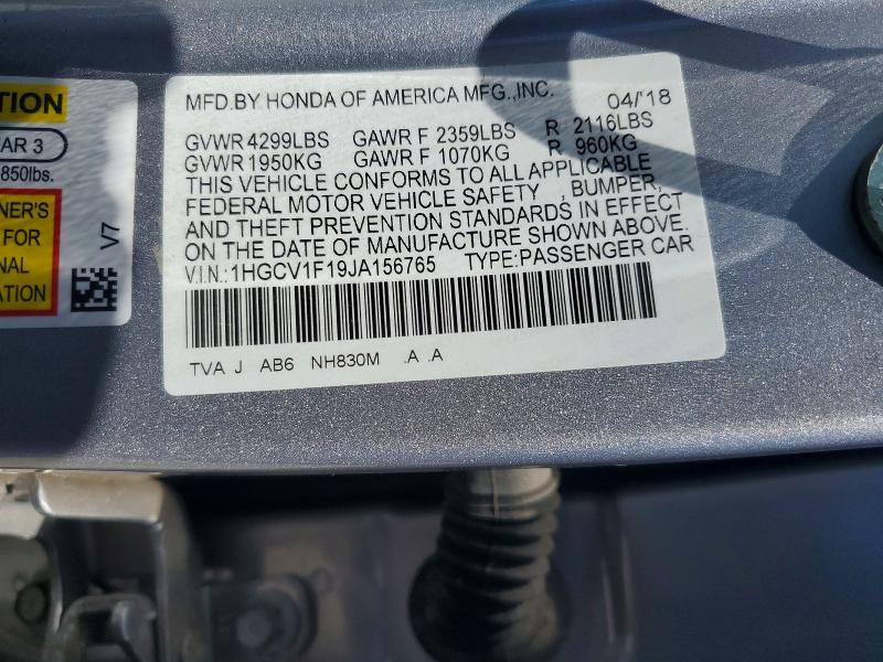 52530326 :رقم المزاد ، 1HGCV1F19JA156765 vin ، 2018 Honda Accord مزاد بيع