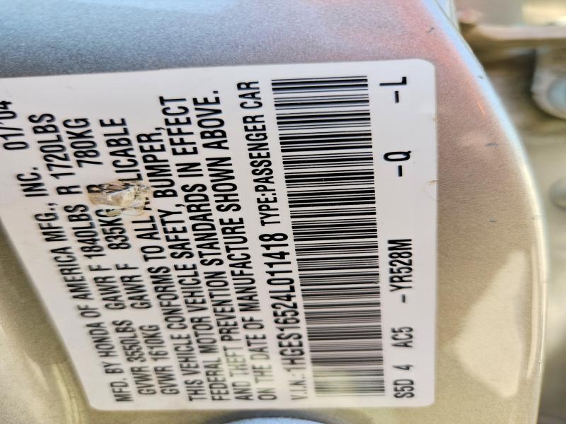 2004 Honda Civic მანქანა იყიდება აუქციონზე, vin: 1HGES16524L011418, აუქციონის ნომერი: 52377166