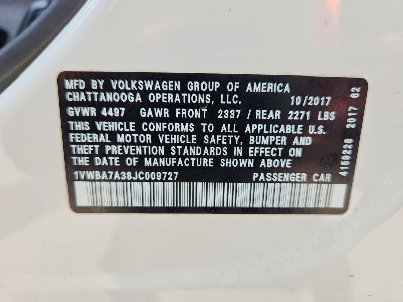 2018 Volkswagen Passat მანქანა იყიდება აუქციონზე, vin: 1VWBA7A38JC009727, აუქციონის ნომერი: 53764556