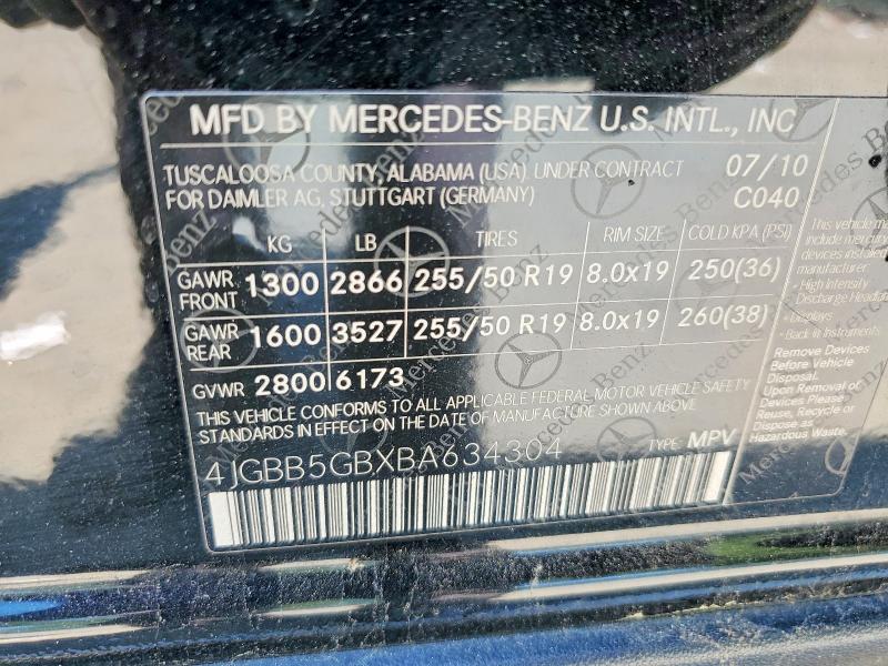 Aukcja sprzedaży 2011 Mercedes-benz Ml, vin: 4JGBB5GBXBA634304, numer aukcji: 54279406