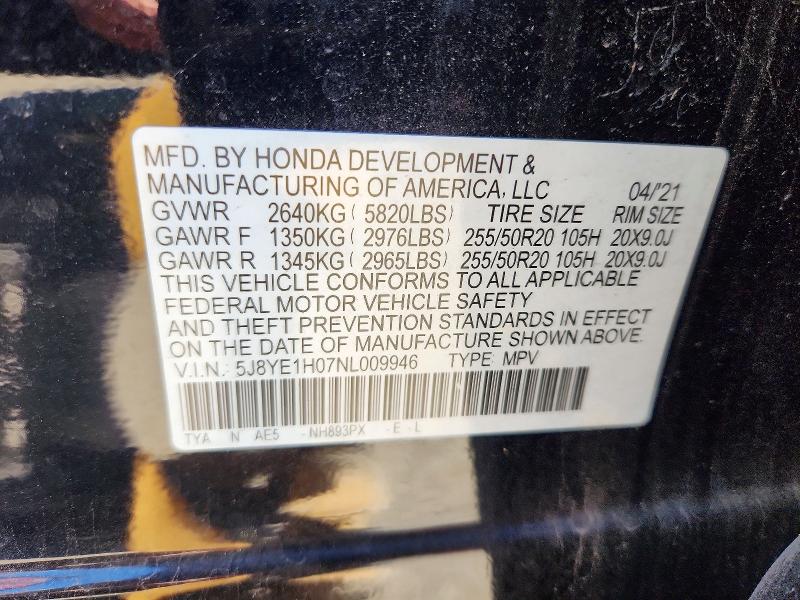 52564846 :رقم المزاد ، 5J8YE1H07NL009946 vin ، 2022 Acura Mdx مزاد بيع
