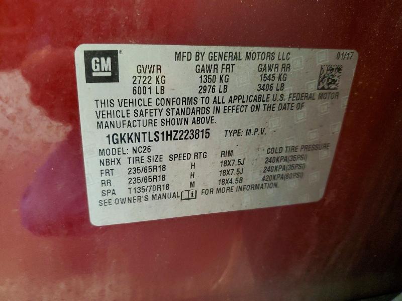 53161146 :رقم المزاد ، 1GKKNTLS1HZ223815 vin ، 2017 Gmc Acadia مزاد بيع