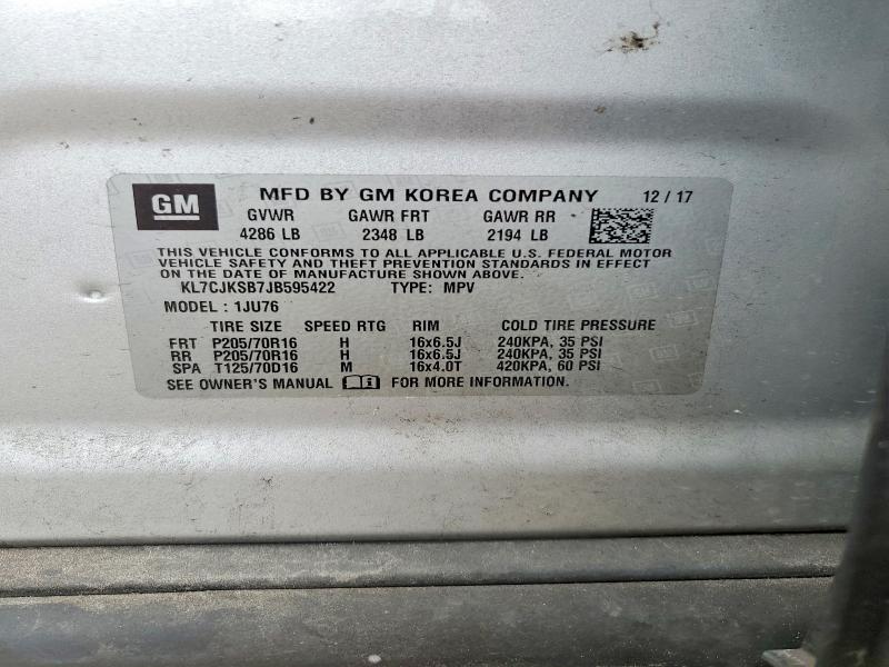2018 Chevrolet Trax მანქანა იყიდება აუქციონზე, vin: KL7CJKSB7JB595422, აუქციონის ნომერი: 53987086