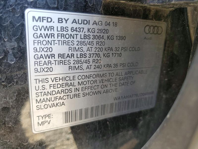 Продаж на аукціоні авто 2018 Audi Q7, vin: WA1AHAF78JD040998, номер лоту: 51774646