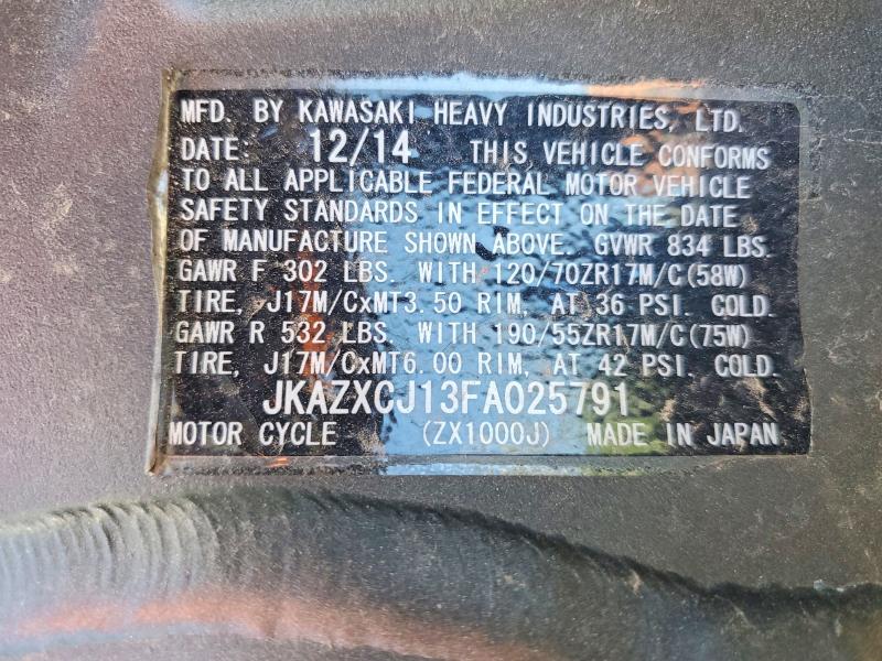 Auction sale of the 2015 Kawasaki Zx1000, vin: JKAZXCJ13FA025791, lot number: 51989036