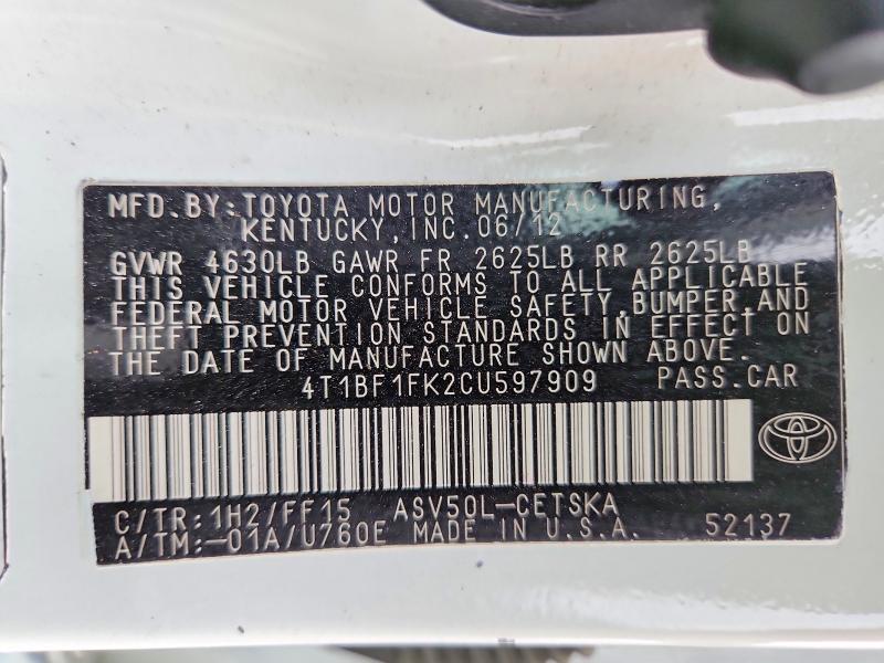 Продаж на аукціоні авто 2012 Toyota Camry, vin: 4T1BF1FK2CU597909, номер лоту: 54678846