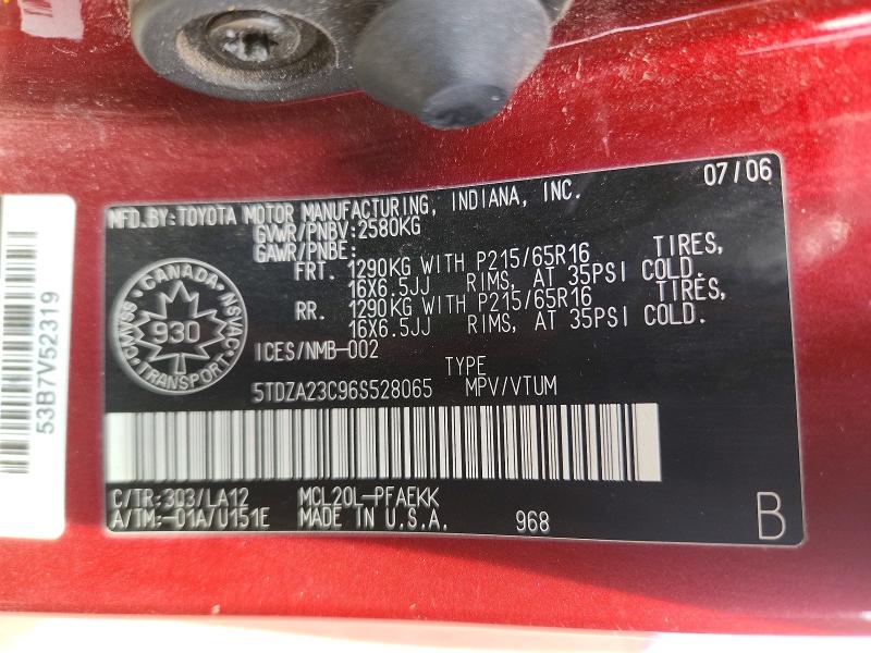 2006 Toyota Sienna მანქანა იყიდება აუქციონზე, vin: 5TDZA23C96S528065, აუქციონის ნომერი: 52898956