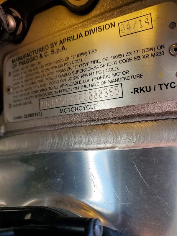 50123416 :رقم المزاد ، ZD4RKUA42ES000365 vin ، 2014 Aprilia Rsv4 مزاد بيع